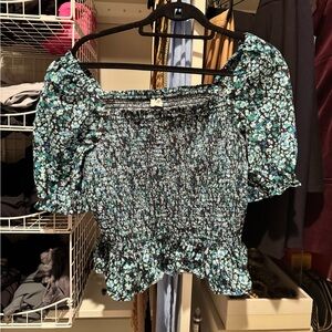 J. Crew Blue and Green Floral Smocked Blouse